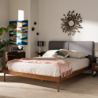 Baxton Studio BBT6723-Grey-Full Aveneil Mid-Century Modern Grey Fabric Upholstered Walnut Finished Full Size Platform Bed